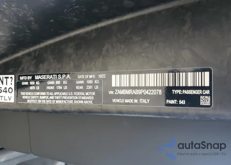 2023 Maserati Mc20 z USA, uszkodzony, nr VIN ZAMBMRAB9P0422078